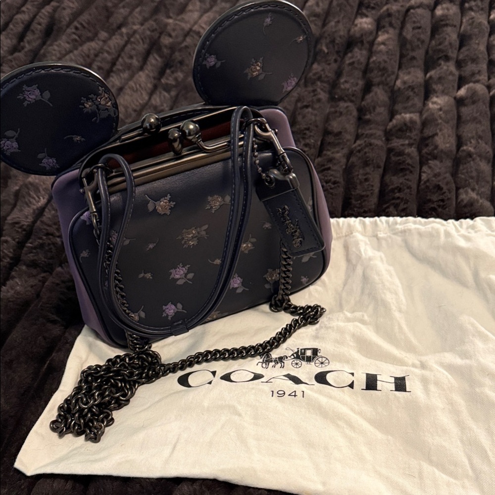 Coach Disney Black and Purple Mini Bag with Floral Design